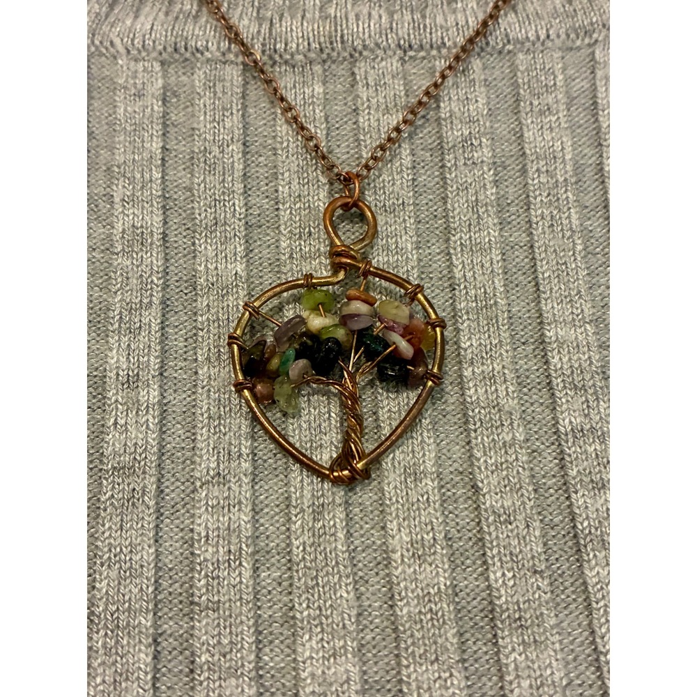 Tree of Life Necklace Copper Tons Wire Wrapped Heart Pendant Multi Stone Boho - Picture 5 of 6